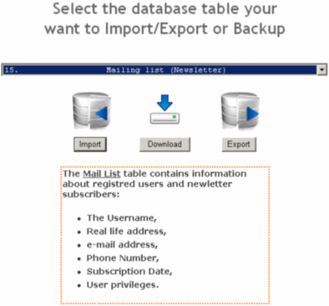 Skærmpdump af database import/eksporteren